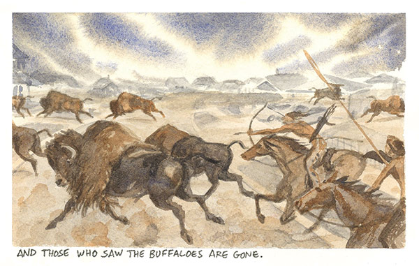 a watercolor painting of native americans hunting buffalo on a prairie
