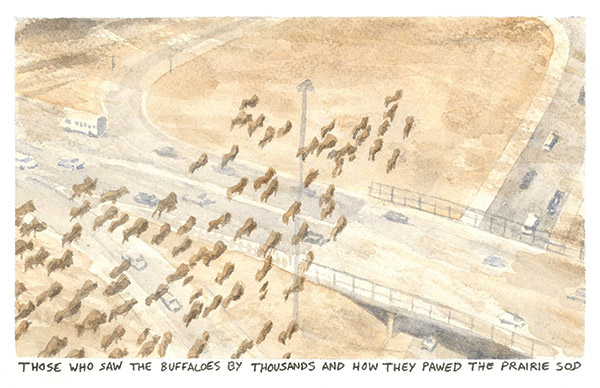 a watercolor painting of a buffalo herd near an interstate highway