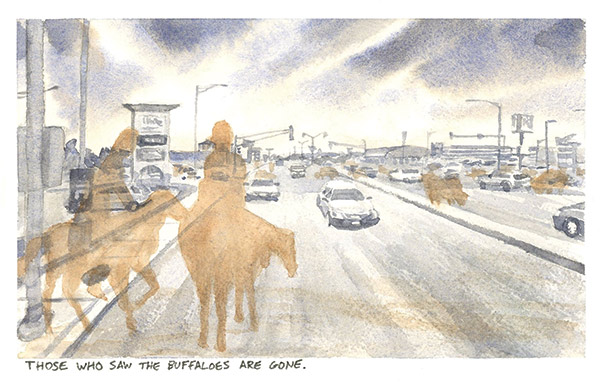 a watercolor painting of silhouettes of men on horseback on a busy city road