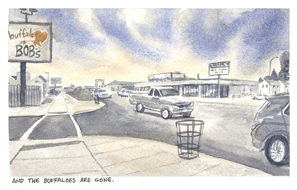 a watercolor painting of cars and pickups driving on a road