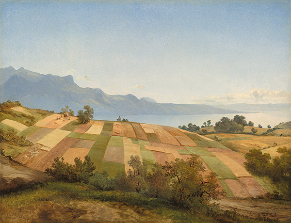 painting of farmland, lake and mountains in Switzerland