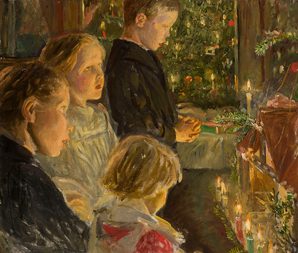 children looking at a crib scene