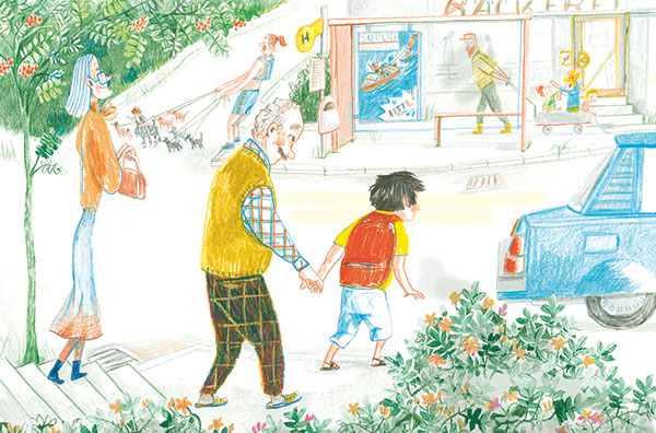 a boy and an old man going for a walk