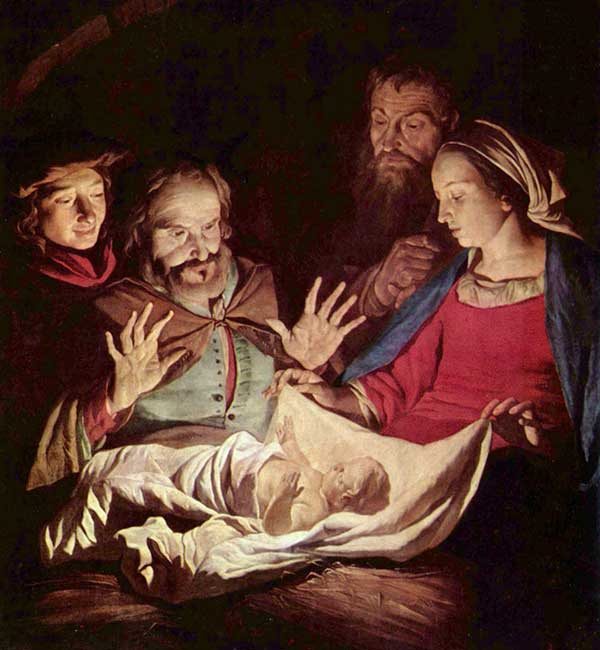 Gerard van Honthorst, The Adoration of the Shepherds: two shepherds with Joseph and Mary looking at the infant Jesus