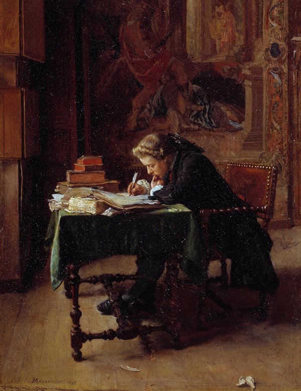 painting of a young man writing at a desk