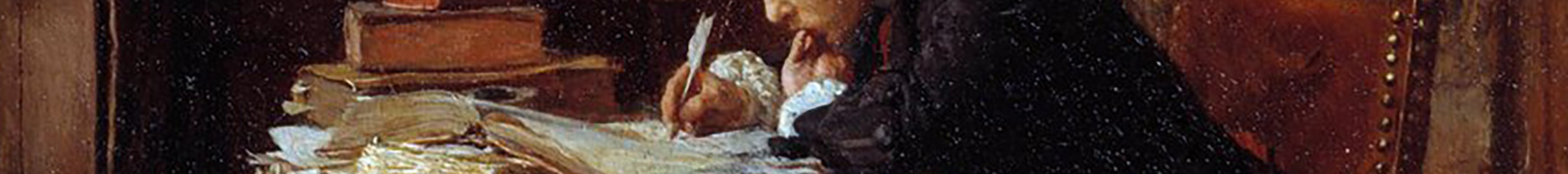 painting of a young man writing at a desk