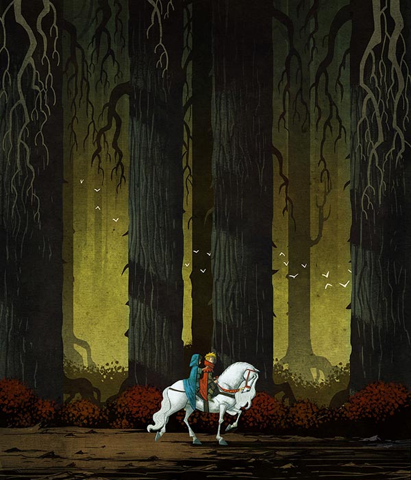 illustration of two boys riding a white horse in a dark forest