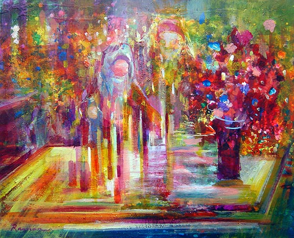 colorful painting of a couple lighting Sabbath candles