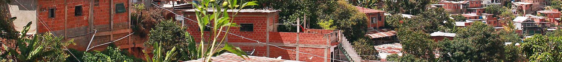 Photograph of unfinished red brick, flat roofed houses on a hillside.