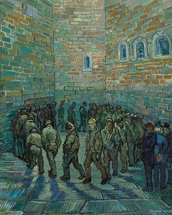 a painting of prisoners exercising in a prison yard