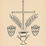 Rudolf Koch print, a cross with palm branches, bread and wine. The divine food.