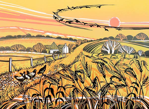 linocut of a harvest field