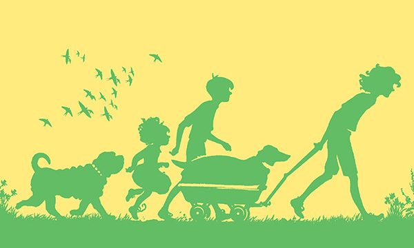 illustration of kids walking with dogs