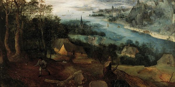 a man sowing seeds in a field above a valley with a river