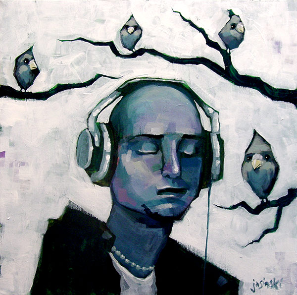 painting of a man listening to music