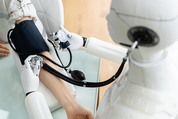 a robot doctor checking the blood pressure of a patient
