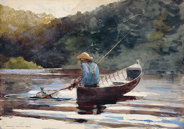 painting of a boy fishing in an Adirondack lake