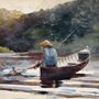 painting of a boy fishing in an Adirondack lake