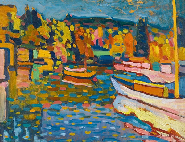 impressionistic painting of boats in Autumn