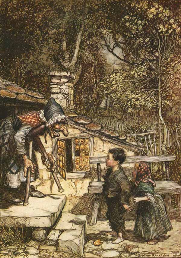 illustration of Hansel and Gretel and a witch