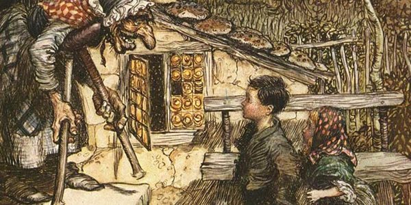illustration of Hansel and Gretel and a witch