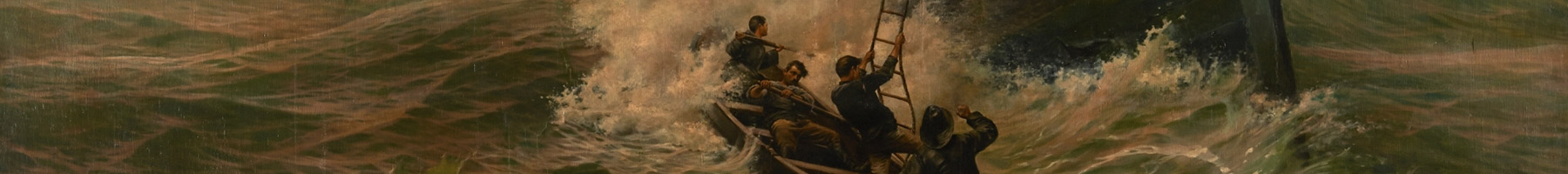 painting of men escaping a sinking ship