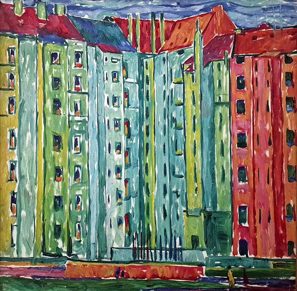 painting of colorful skyscrapers