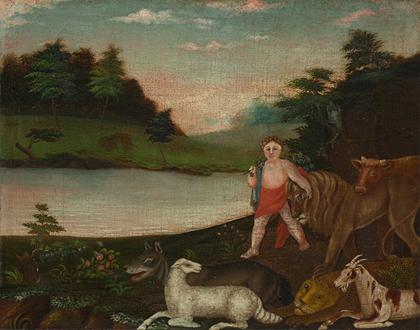 painting of a child and animals by a river