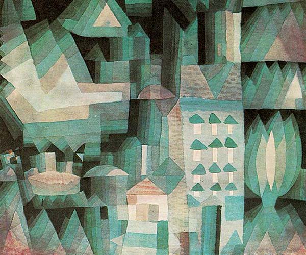 detail from Paul Klee Dream City with geometric shapes in teal and black forming the suggestion of houses