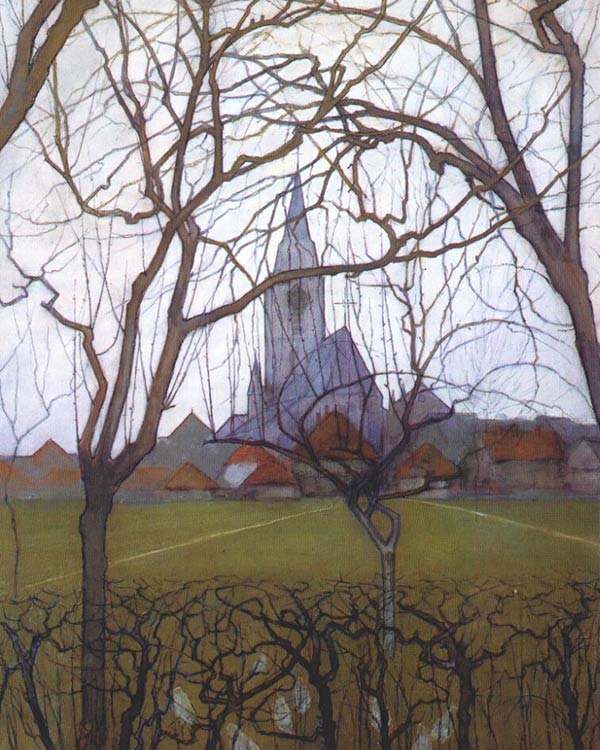 painting of a village and church