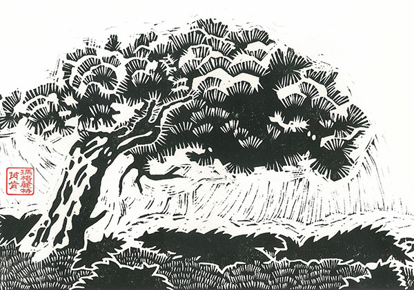 Detail from a Japanese-style block print of a windswept tree.