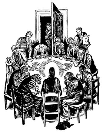 wood cut of disciiples and Jesus around table