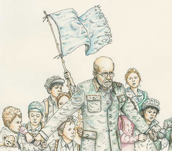 an illustration of Janusz Korczak protecting children