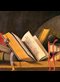 painting of a jumbled pile of books on a shelf