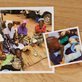 two photos on a wooden table, one of a table set with dishes and candles and the other of dishes of food