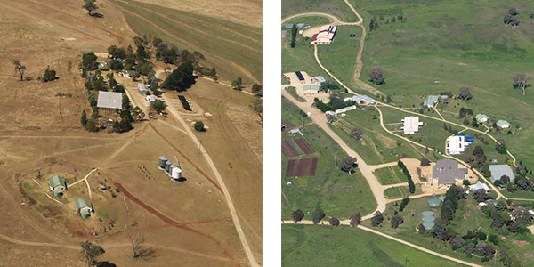 Dos fotos aéreas de Danthonia Bruderhof, una en condiciones de sequía y la otra verde.