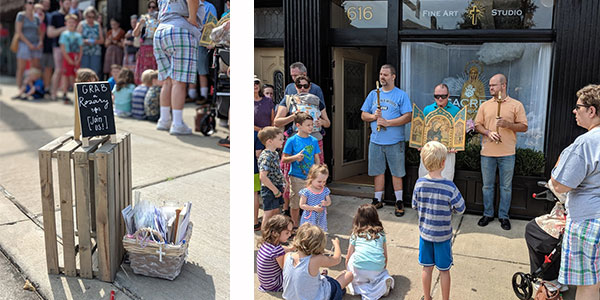 Brookline families gather on a Pittsburgh sidewalk.