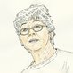 ink and watercolor illustration of a grey haired woman in a t-shirt