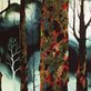 abstract style illustration of tree trunks covered in colorful lichen