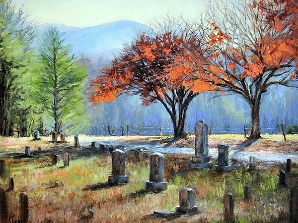 painting of a New England cemetery in autumn