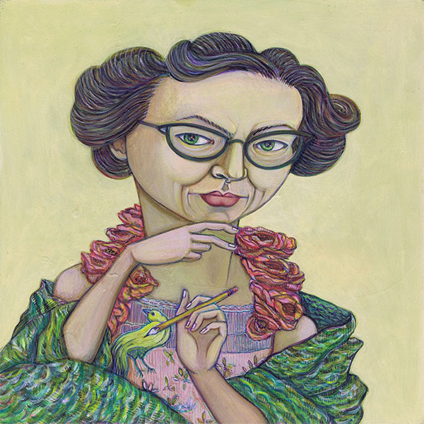 stylized painted portrait of Flannery OConnor