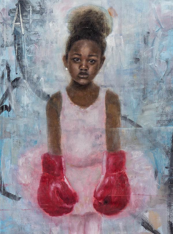 painting of a solemn Black girl in a pink tutu and red boxing gloves