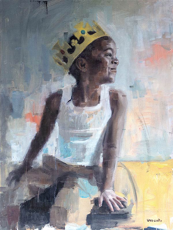 painting of a smiling Black boy wearing a gold crown