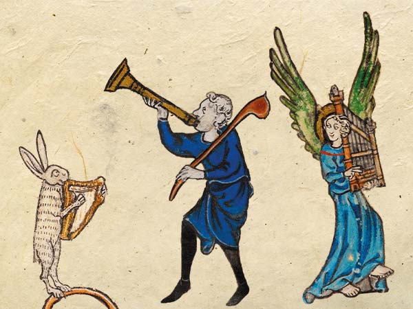 images from old illuminated manuscripts showing people playing instruments