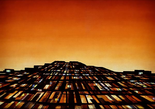 painting of a tall building with lit up windows in the dusk