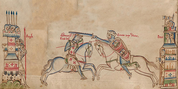 Fourteenth century illumination depicting kings Edmund Ironside and Cnut in battle