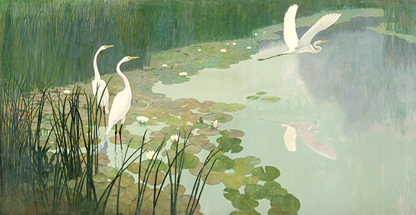 a painting of herons at the edge of a lily pad covered water