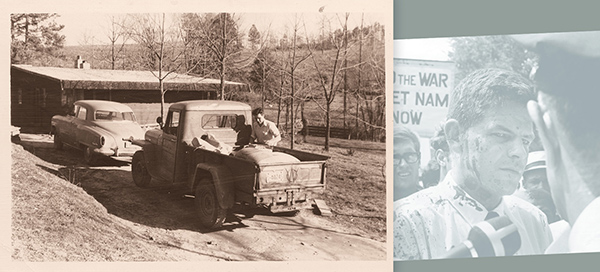 photographs of a man loading a truck and being interviewed