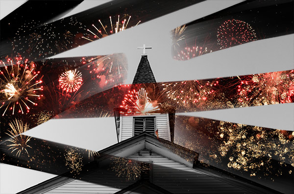 fireworks and a white church