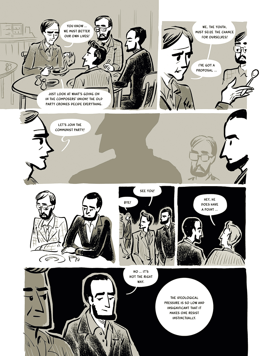 excerpt from a graphic novel about Arvo Pärt